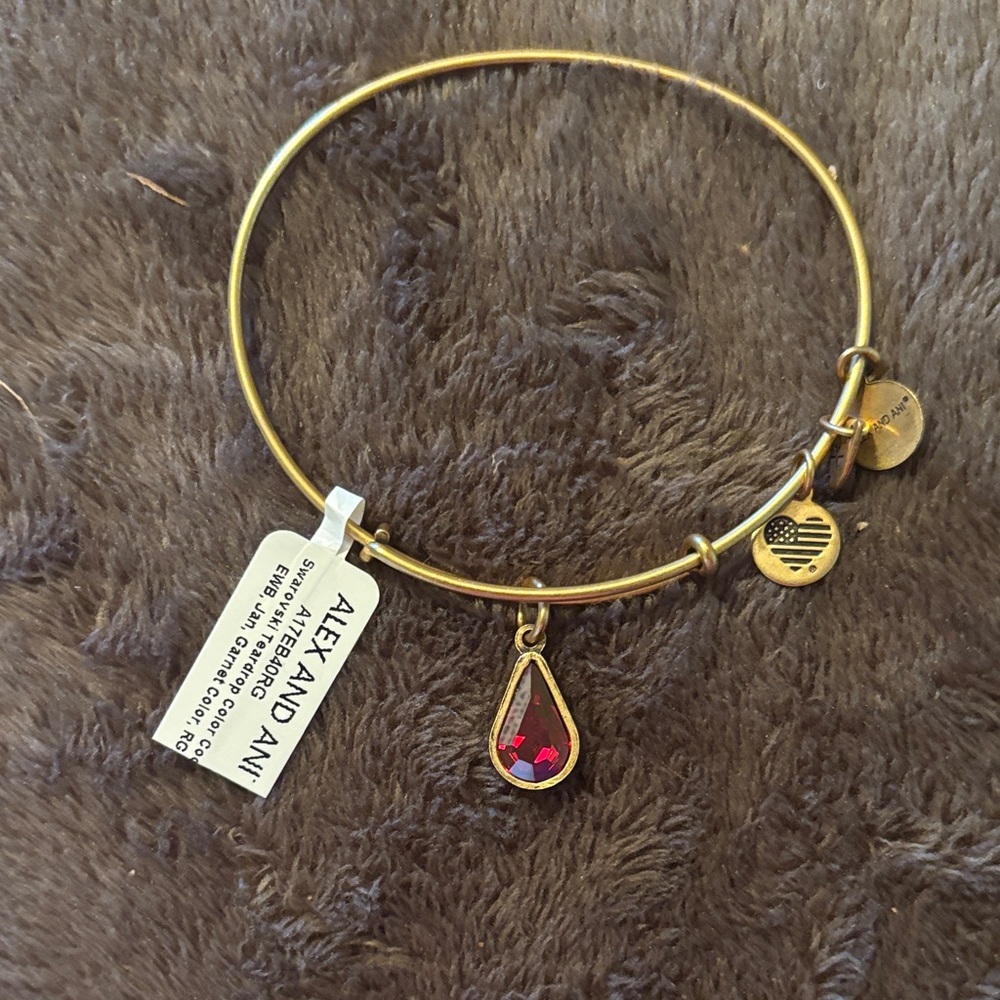 Alex and Ani Gold Bracelet with Ruby Red Teardrop Charm